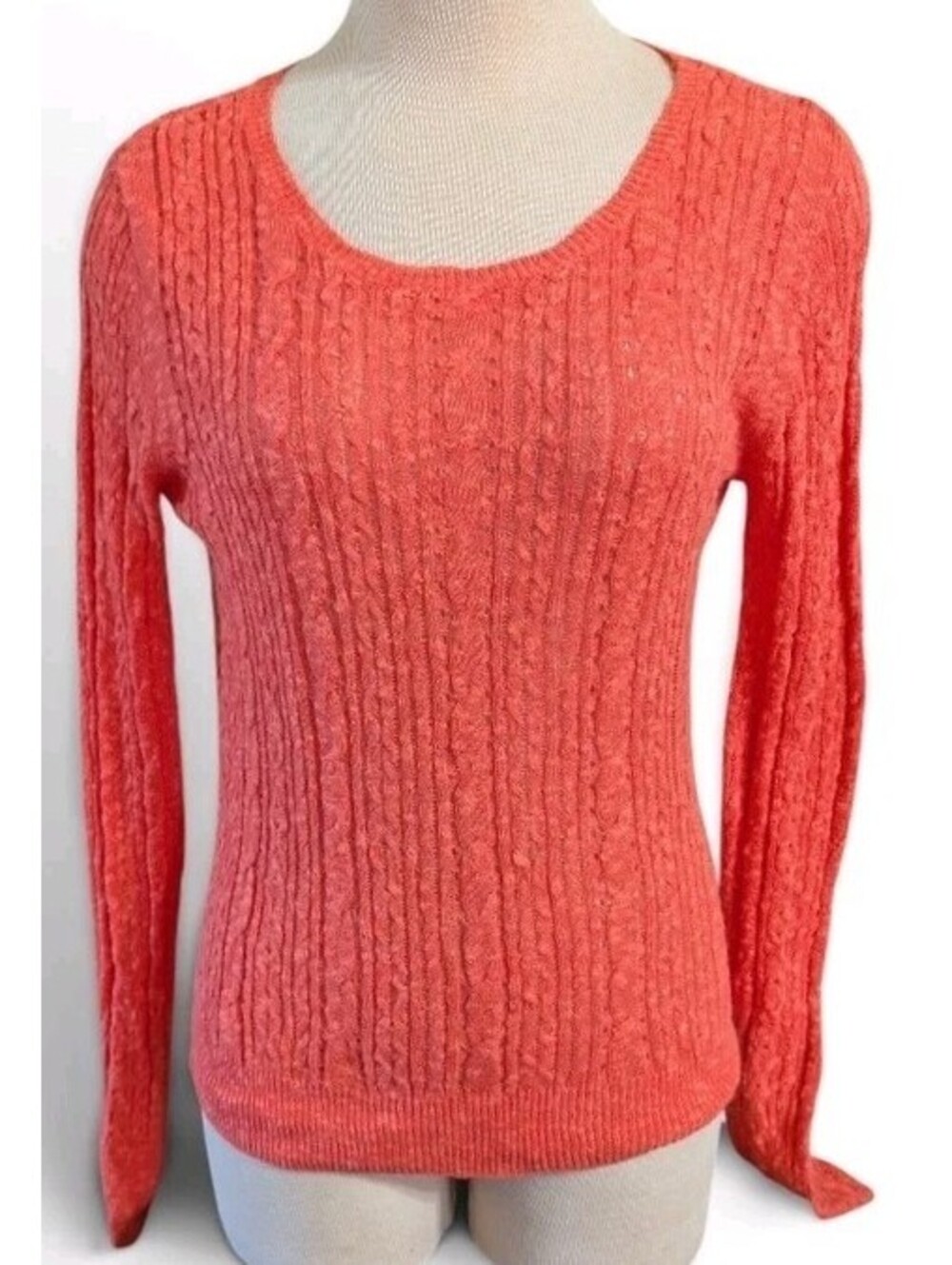 Cynthia Rowley Linen Cotton Cable Knit Sweater Women's Large Coral Scoop Neck